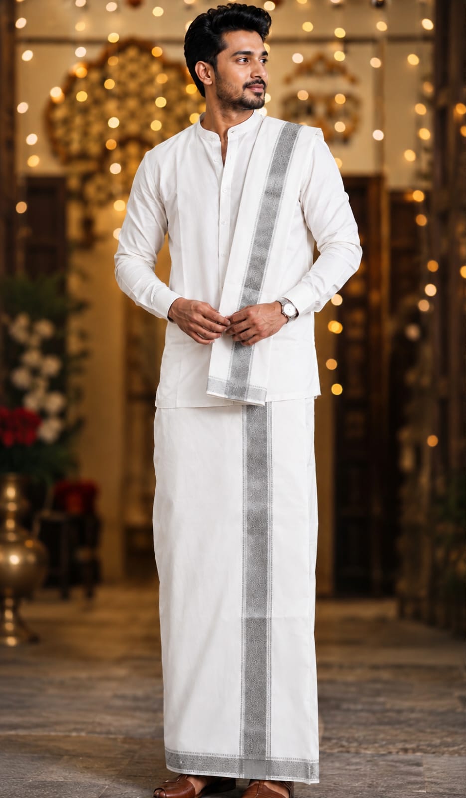 LINEN DHOTI  (SILVER BORDER)-PREMIUM QUALITY